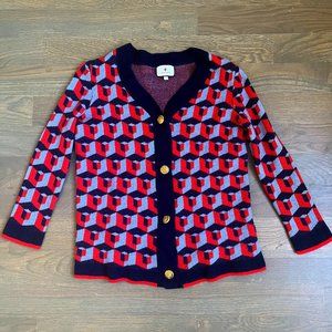 Tuckernuck Navy and Red Geometric Lauren Cardigan | Sz: S (fits like XS)